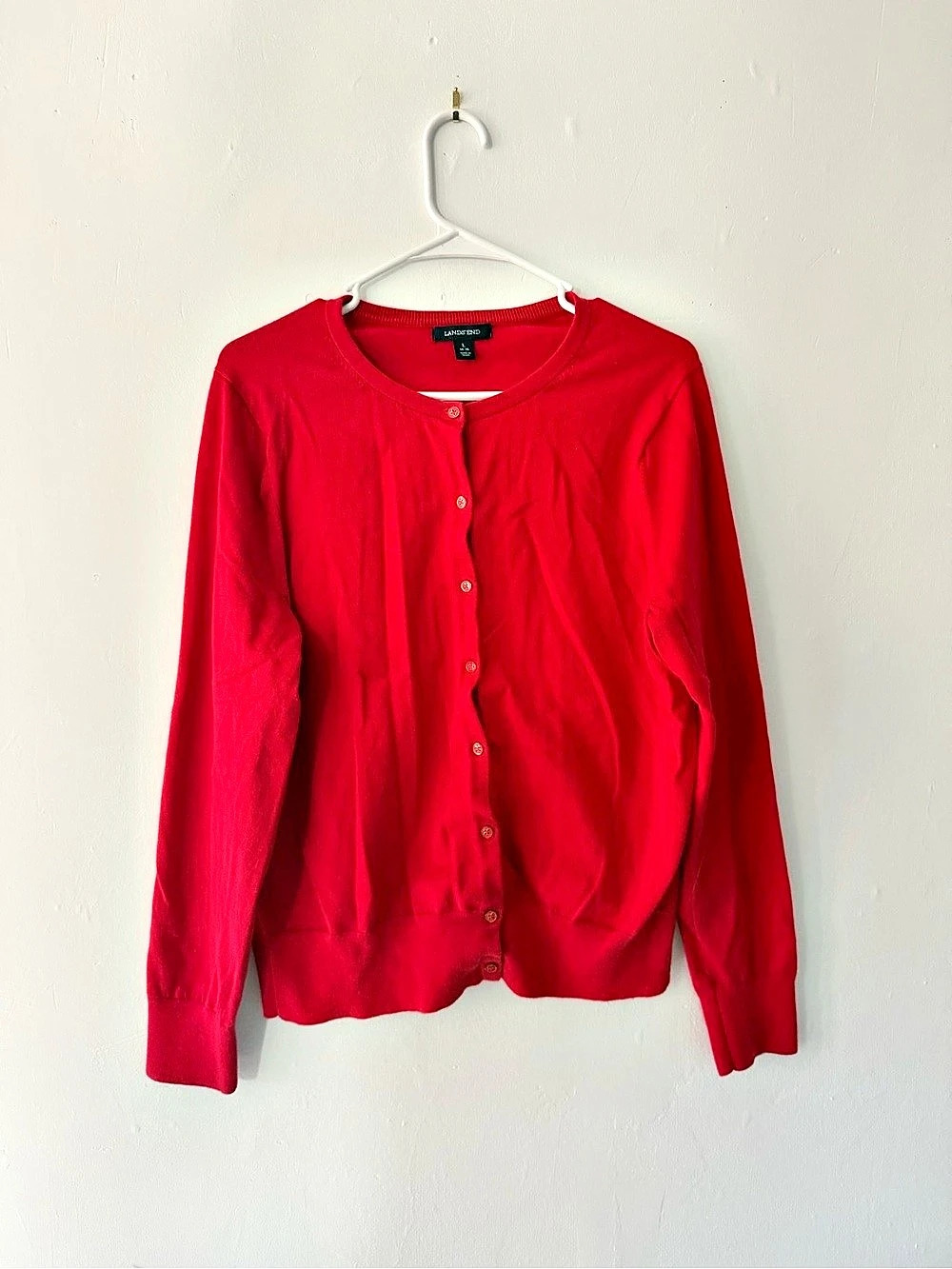 Lands' End Cotton Modal Crewneck Cardigan Red Large